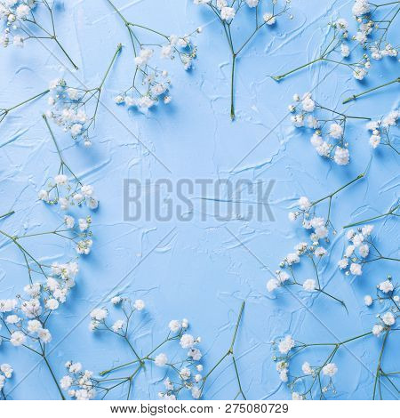 Frame  From Fresh White Gypsofila  Flowers On Blue Textured Background. Top View. Flat Lay. Place Fo