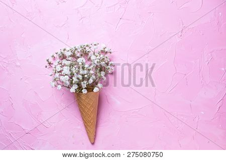 Fresh White Gypsofila  Flowers In Waffle Cone On  Pink Textured Background. Top View. Place For Text