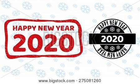 Happy New Year 2020 Stamp Seals On Winter Background With Snowflakes In Clean And Draft Versions For