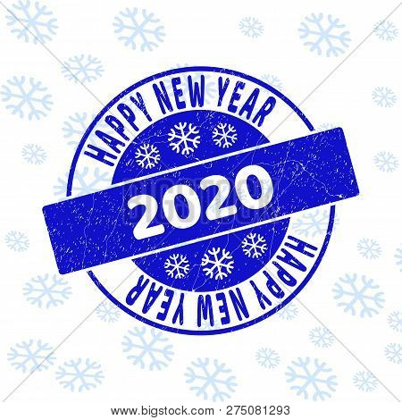 Happy New Year 2020 Round Stamp Seal On Winter Background With Snow. Blue Vector Rubber Imprint With