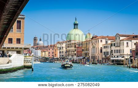 Panoramic Sityscape Of Venice Channel Grande With Cathedral View. Italy.