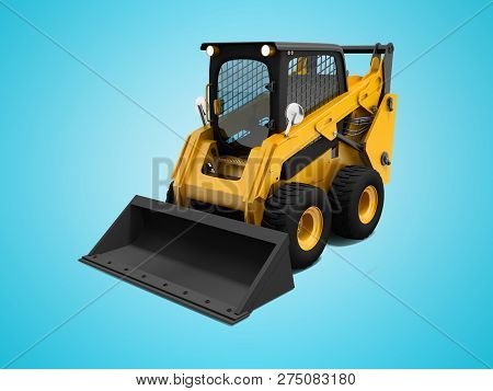 Yellow Mini Loader With Small Bucket 3d Render On Blue Background With Shadow