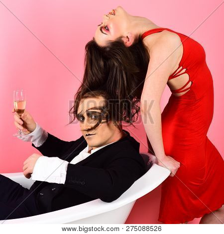 Love Language Without Words. Couple Of Mime Man And Sensual Woman. Mime Artists. Couple In Love Mime