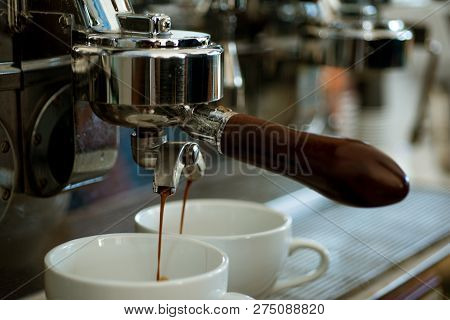 To Suit All Tastes. Making Espresso With Portafilter. Coffee Being Brewed In Coffeehouse Or Cafe. Co