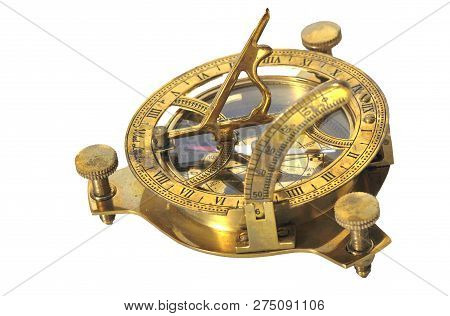 Vintage  Sextant With Compass  Is A Doubly Reflecting Navigation Instrument On An Isolated White Bac