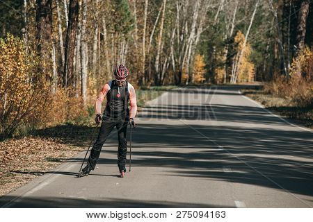 Training An Athlete On The Roller Skaters. Biathlon Ride On The Roller Skis With Ski Poles, In The H