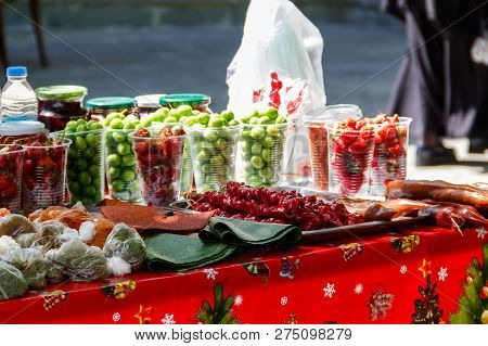 Georgian Sweets And Fruits On Sale In Small Street Market
