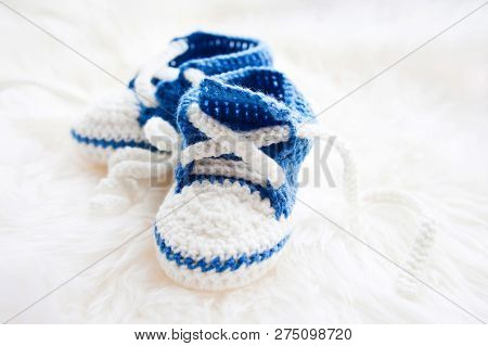 Little Baby Shoes. Handknitted First Sneakers For Newborn Boy Or