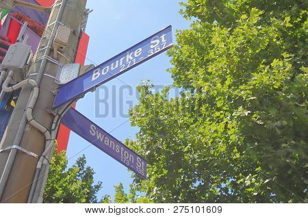 Bourke And Swanston Street Sign Melbourne Australia