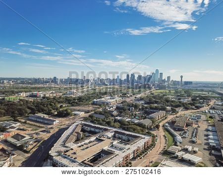 Top View Dallas Downtown From Trinity Groves With Cloud Blue Sky