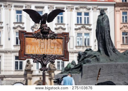 Prague, Czech Republic - July 1, 2018: Wooden Sign Of Sokol Austria At The Old Town Square During Th