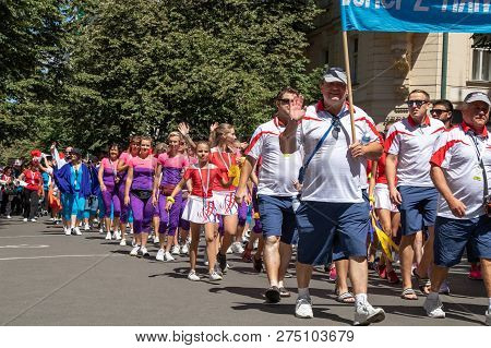Prague, Czech Republic - July 1, 2018: People Parading At Sokolsky Slet, A Once-every-six-years Gath