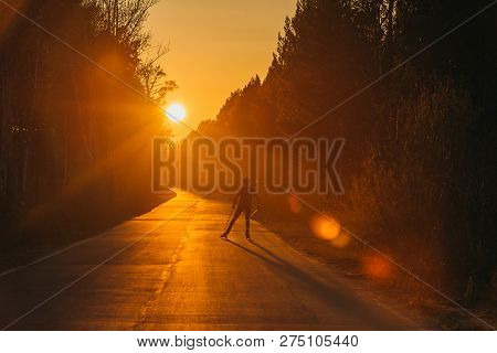 Training An Athlete On The Roller Skaters. Biathlon Ride On The Roller Skis With Ski Poles, In The H