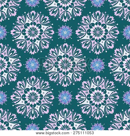 Pinkish Mandala Floral Pattern On Green Background