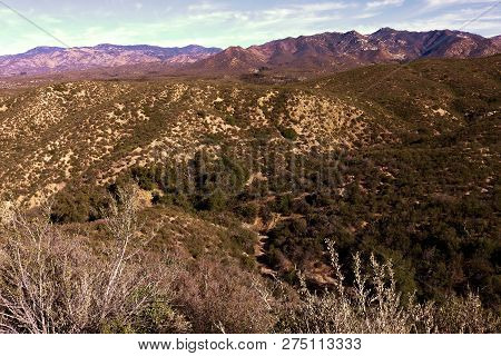 Rural Chaparral Woodland With Chaparral Shrubs Surrounded By Canyons And Mountains Taken In Rural So