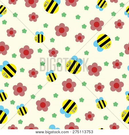 Happy Bee And Red Flowers Seamless Pattern