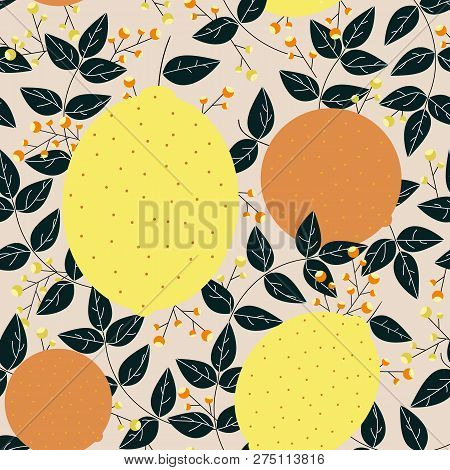 Lemons Oranges With Leaves And Berries Seamless Pattern
