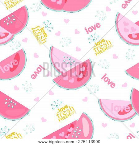 Fresh Watermelon With Drops And Text Seamless Pattern