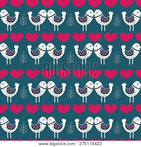 Blue Scandinavian Love Birds Pattern Design. Perfect For Fabric, Wallpaper, Stationery And Scrapbook