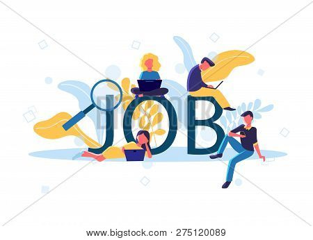 Concept Vector Illustration Of Young People Using Devices For Job Searching And Hiring. Flat Concept