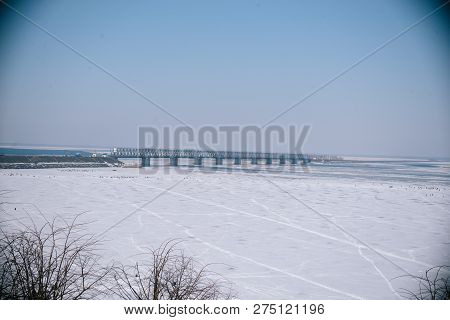 Bridge Over The Frozen River In Cherkassy.