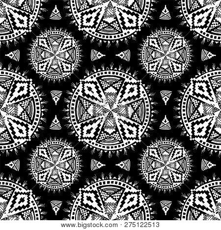 White Aztec Mandala Pattern On A Black Background