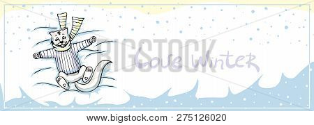 Vector Template  With A Cute Cat In A Scarf And Sweater Wallowing In The Snow And Falling Snowflakes