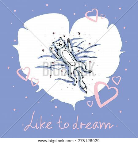 Vector Illustration With A Cute Cat Wallowing In The Snow And Falling Snowflakes In Gentle Pastel Co