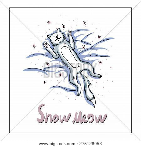 Vector Illustration With A Cute Cat Wallowing In The Snow And Falling Snowflakes In Gentle Pastel Co