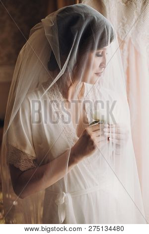 Beautiful Stylish Brunette Bride Posing In Silk Robe Under Veil In The Morning. Sensual Portrait Of