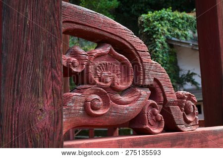Nagasaki, Japan - October 24, 2018: Detail of the old  wood carving decoration at Sofukuji Temple   