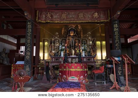 Nagasaki, Japan - October 24, 2018: Main Hall altar in the Great Leader's Hall, Sofukuji Temple, a  National Treasure   