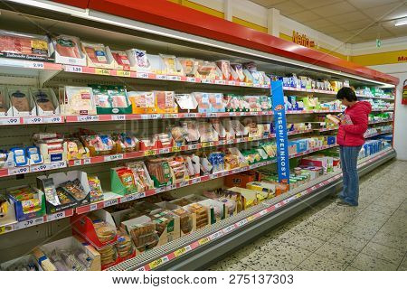DUSSELDORF, GERMANY - CIRCA SEPTEMBER, 2018: interior shot of Netto supermarket in Dusseldorf.