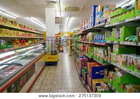 DUSSELDORF, GERMANY - CIRCA SEPTEMBER, 2018: interior shot of Netto supermarket in Dusseldorf.