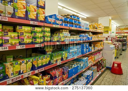 DUSSELDORF, GERMANY - CIRCA SEPTEMBER, 2018: interior shot of Netto supermarket in Dusseldorf.