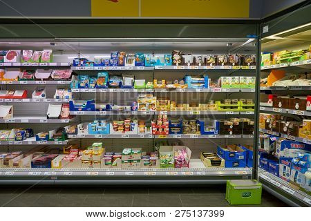 DUSSELDORF, GERMANY - CIRCA SEPTEMBER, 2018: interior shot of Netto supermarket in Dusseldorf.