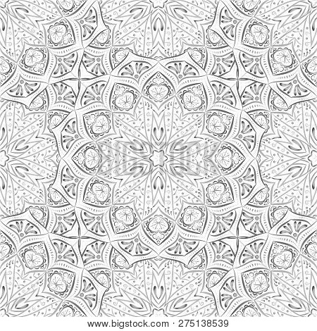 Silver Mandala Seamless Pattern On White Background. Vector Eps 10.