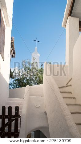 View Of A Typical Church With White Walls And Roof Of The Fishing Village Binibeca Menorca Spain