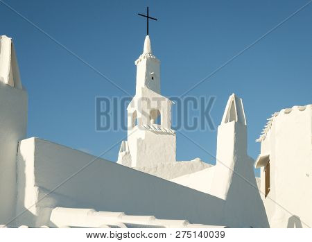 View Of A Typical Church With White Walls And Roof Of The Fishing Village Binibeca Menorca Spain