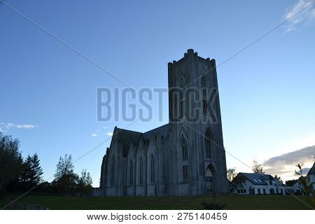 Landakotskirkja Catholic Church At Sunset In Reykjavik, Iceland