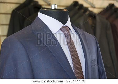 Man Suits, Jackets, Shirts, Ties. Modern Style. Elegant Clothes. Men Fashion Industry. Stylish Blue 