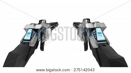 3d image of futuristic metal guns with neon ammo indicator display from first person view isolated on white background.
