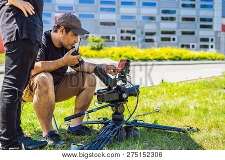 Shooting Process On Cinema Stage - Commercial Production Set, Exterior Location.profeccional Cameram