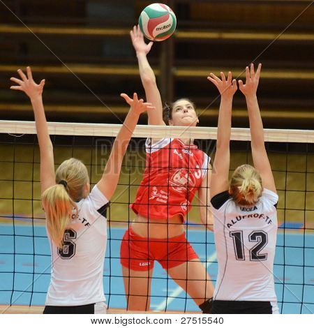 KAPOSVAR, 헝가리-11 월 25 일: Zsofia Harmath (레드 3) 헝가리어 챔피언 voll에서 행동