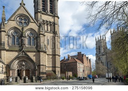 York, England - April 2018: Historic Building Built In Gothic Revival Style Of Catholic Church Of St
