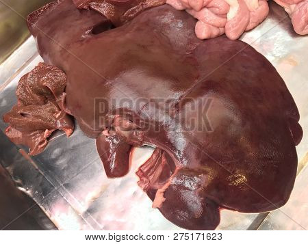 Raw Pork Liver And Intestine In A Tray At The Market Fresh Foods, Chitterlings, Entrails Pork Organs