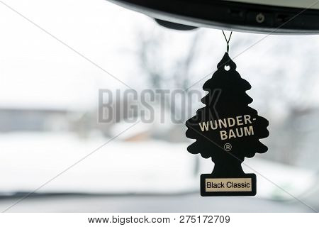 Miercurea Ciuc, Romania- 22 December 2018: Hanging Black Classic Wunder Baum Air Freshener On Car In