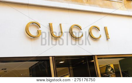Verona, Italy - 9 December 2018: Gucci Store Facade Logo, Gucci Is A Luxury Italian Fashion And Leat