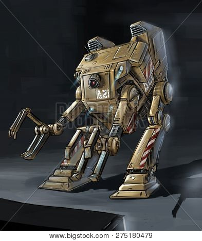 Concept Art Digital Painting Or Illustration Of Science Fiction Bipedal Humanoid Loading Robot Or Ro
