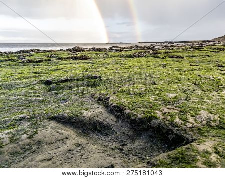 Rainbow Above The Famous Dinosaur Footprints At An Corran Beach By Staffin On The Isle Of Skye